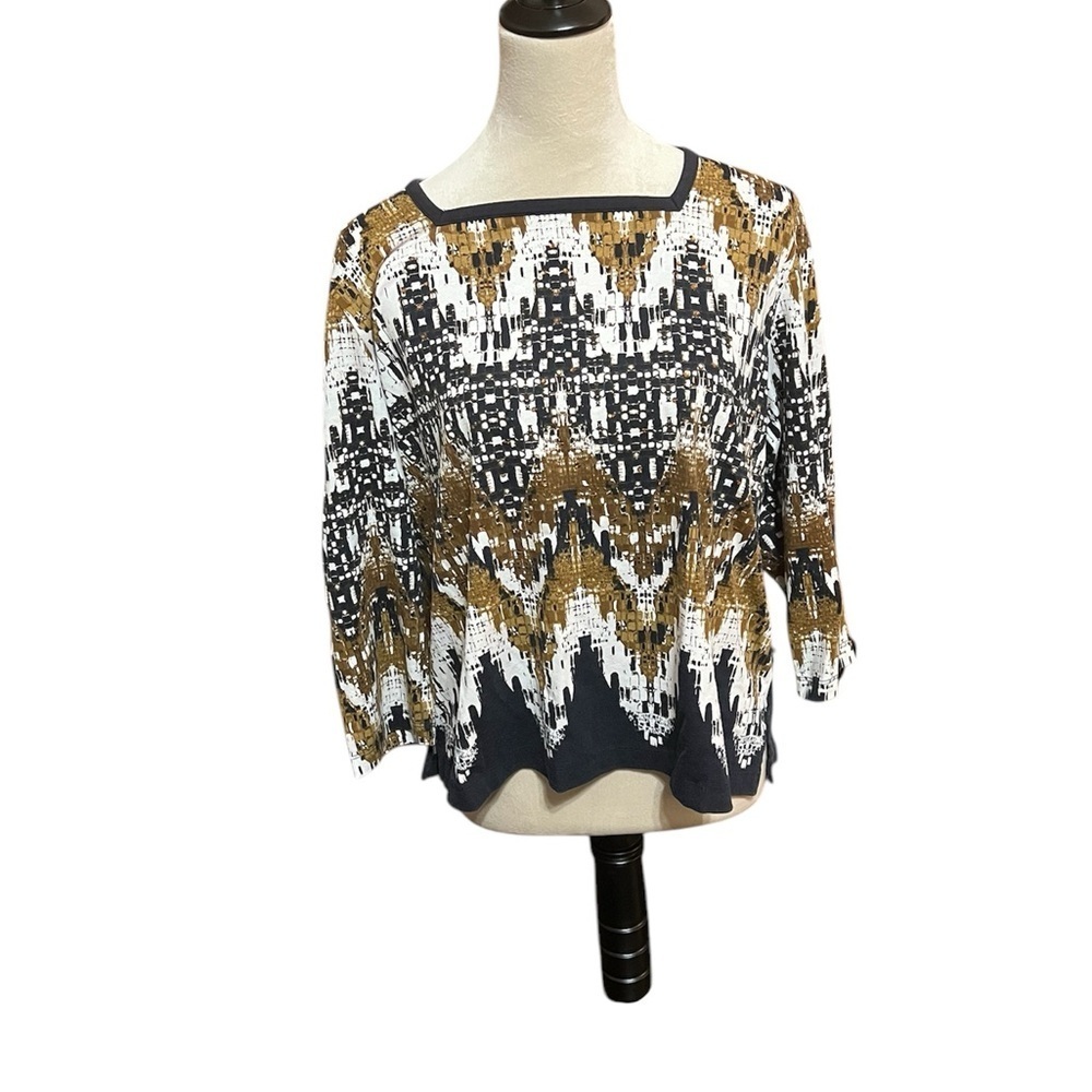 Alfred Dunner Women L Black Gold White Long Sleeve Square Neck Pullover